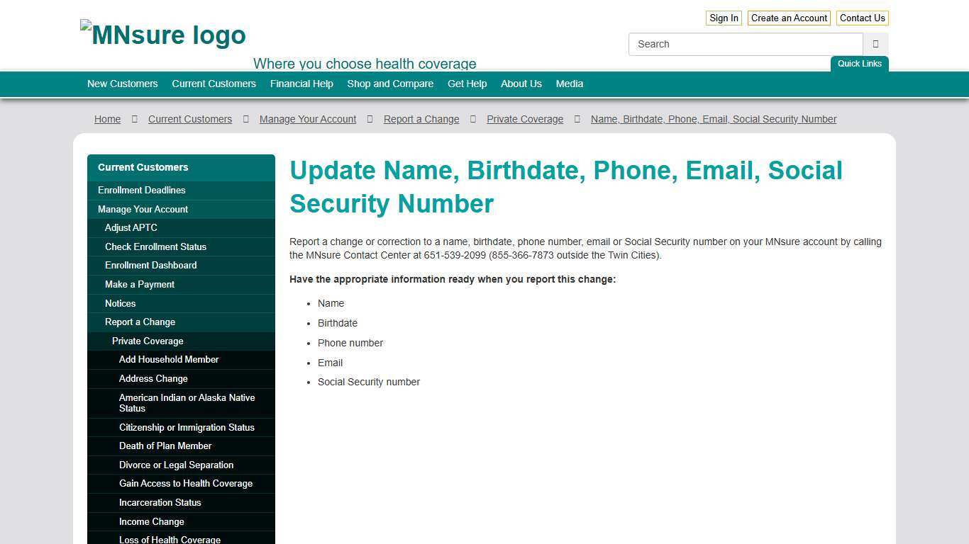Report Changes or Corrections to Personal Information / MNsure